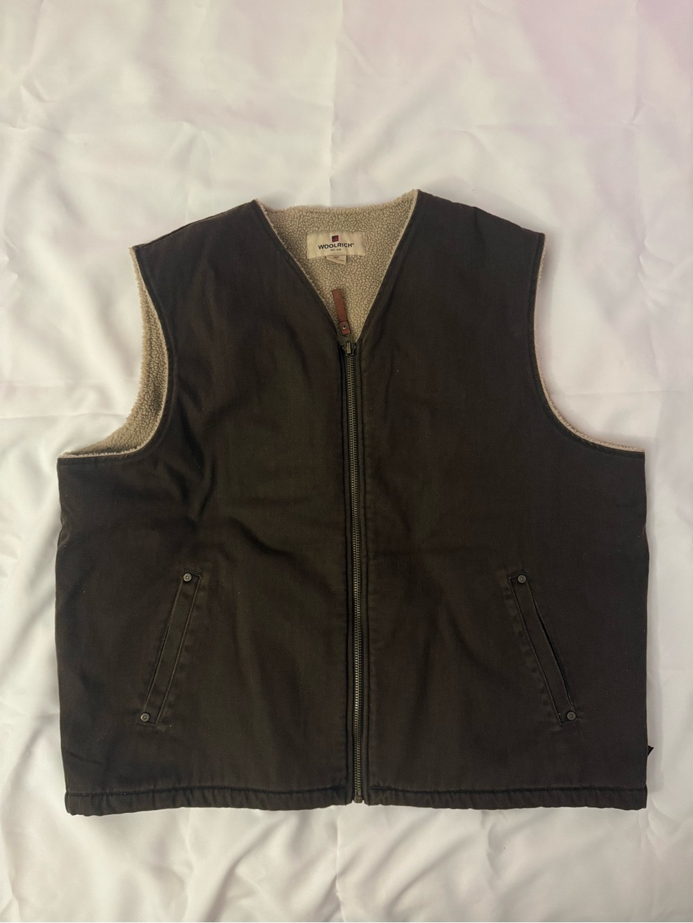 Woolrich Saddle Sherpa Lined Vest Mens 2 XL Zip Front Brown Canvas